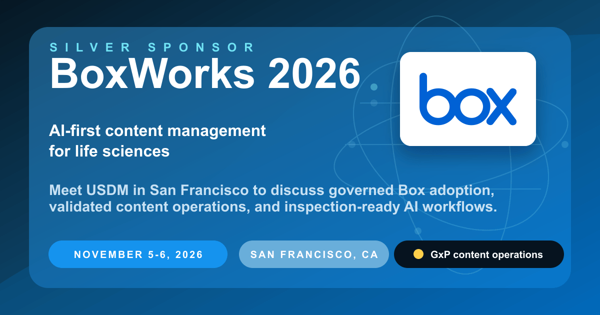 BoxWorks 2026 Silver Sponsor graphic for USDM and Box with AI-first content management for life sciences.