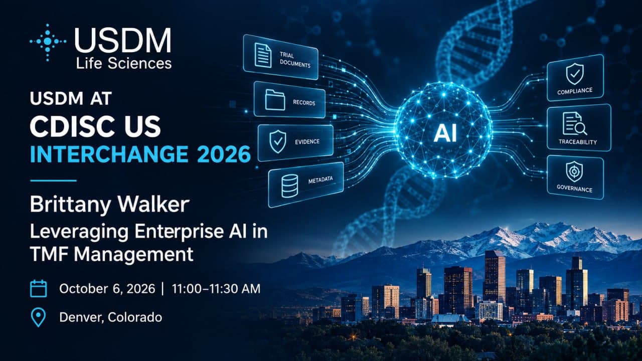 USDM at CDISC US Interchange 2026 graphic for Brittany Walker presenting on enterprise AI in TMF management.